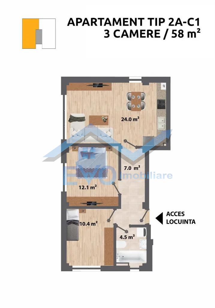Apartament 3 camere, 58 mp, Capat CUG