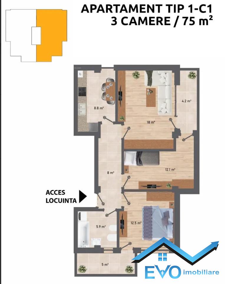 Apartament cu 3 camere spatios, decomandat, 74 mp, 0 Comision