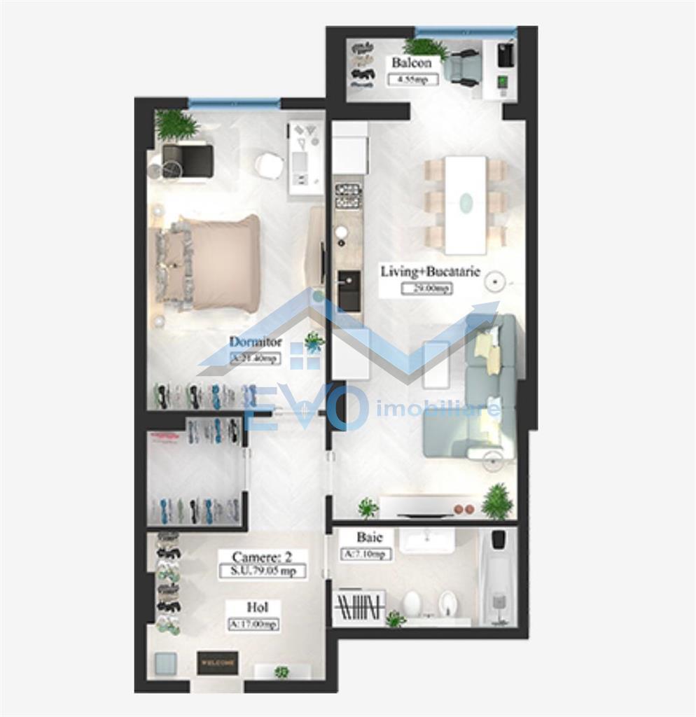 Apartament bloc nou, 2 camere, 70.55 mp