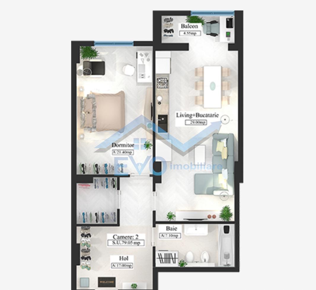 Apartament bloc nou, 2 camere, 79.5 mp
