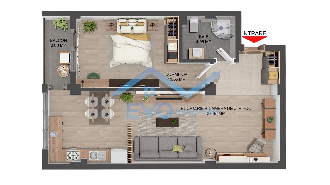 Apartament, 2 camere, 59.55 mp, open space, loc de parcare inclus