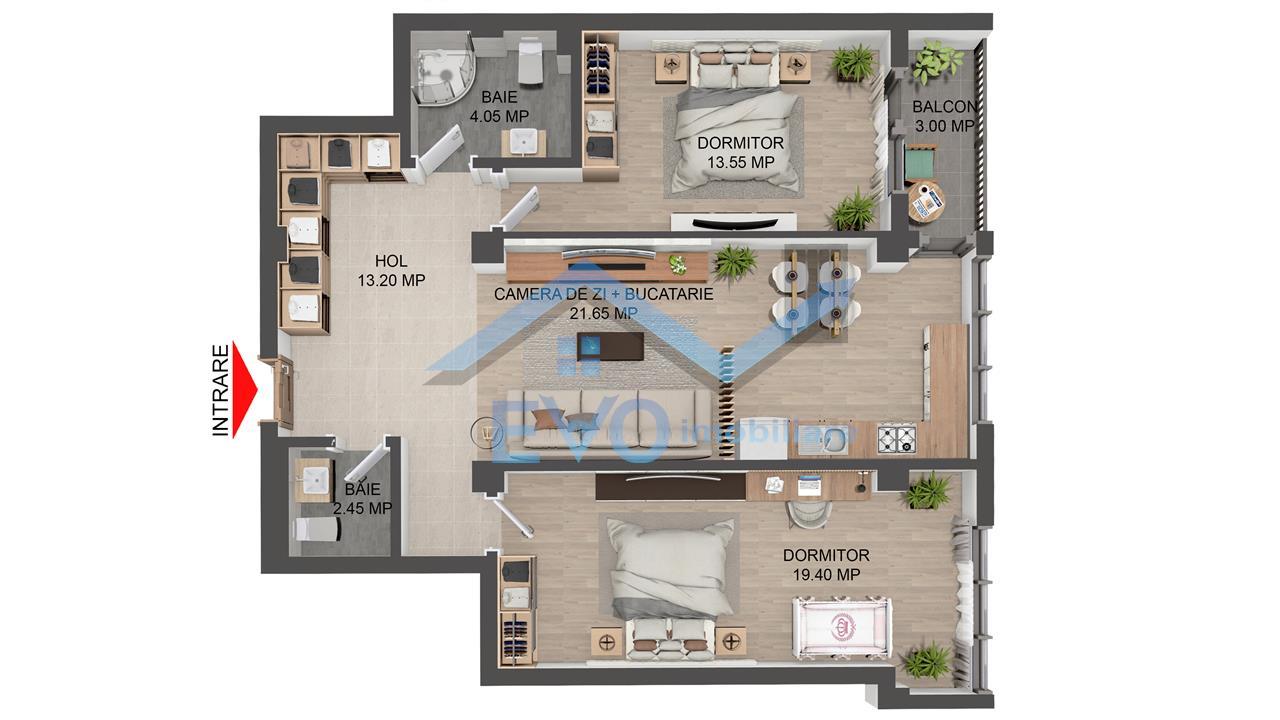 Apartament, 3 camere, 77,3 mp, decomandat, loc de parcare inclus, Comision 0%