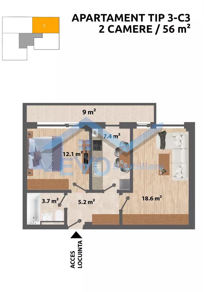 Apartament 2 camere, 56 mp, Capat CUG, 0 Comision