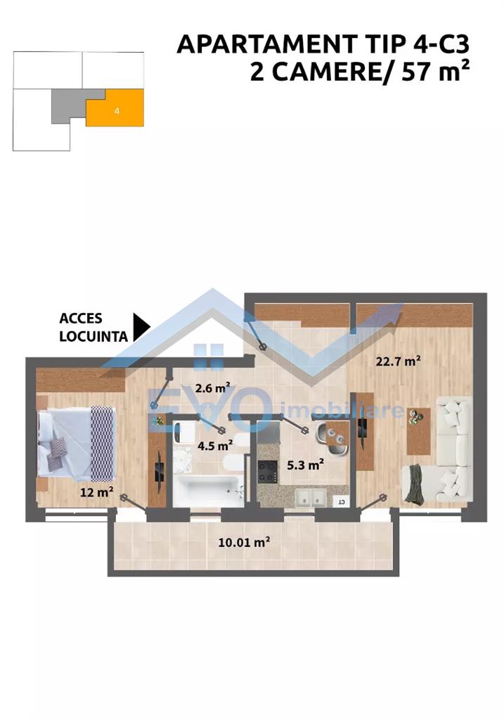 Apartament 2 camere, 57 mp, Capat CUG