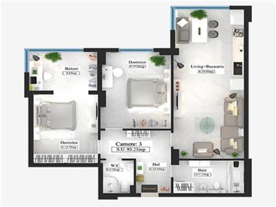 Apartament bloc nou, 3 camere, 95.25 mp