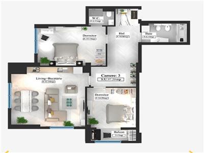 Apartament bloc nou, 3 camere, 97.2mp