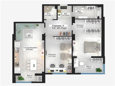 Apartament bloc nou, 3 camere, 107,45 mp